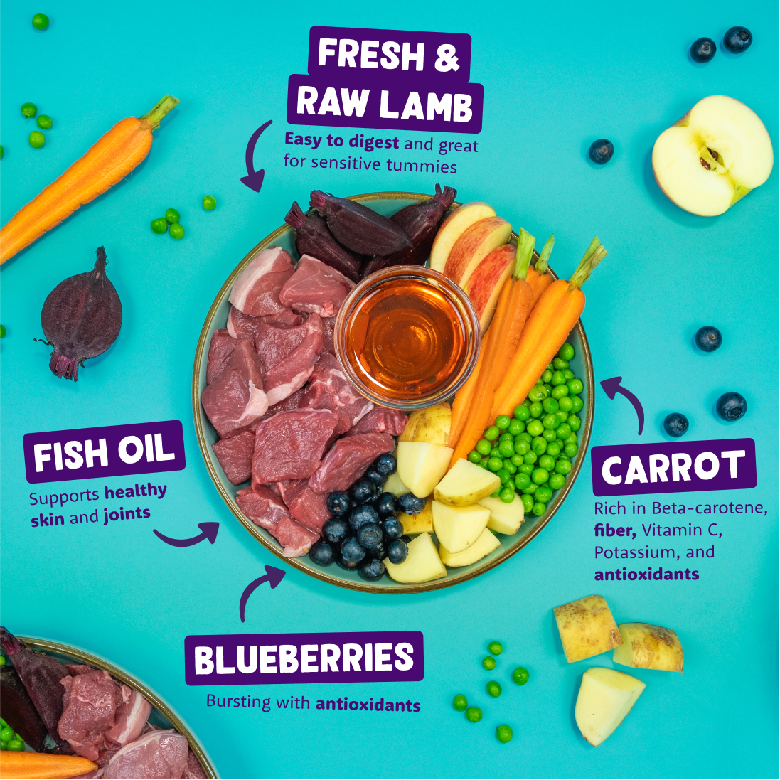 A plate of ingredients including fresh lamb, carrot, blueberries and fish oil