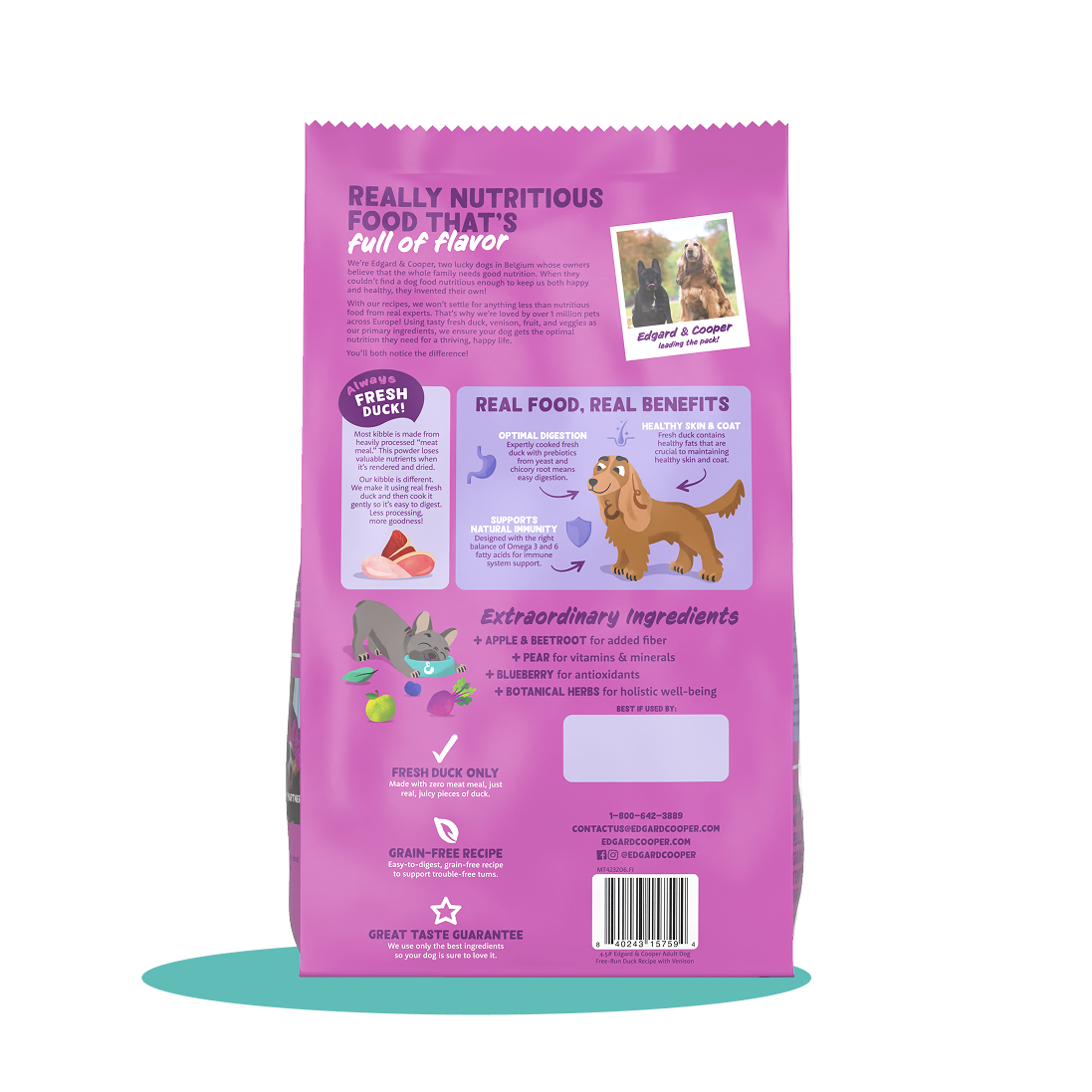 The back of a bag of Edgard & Cooper venison dry dog food