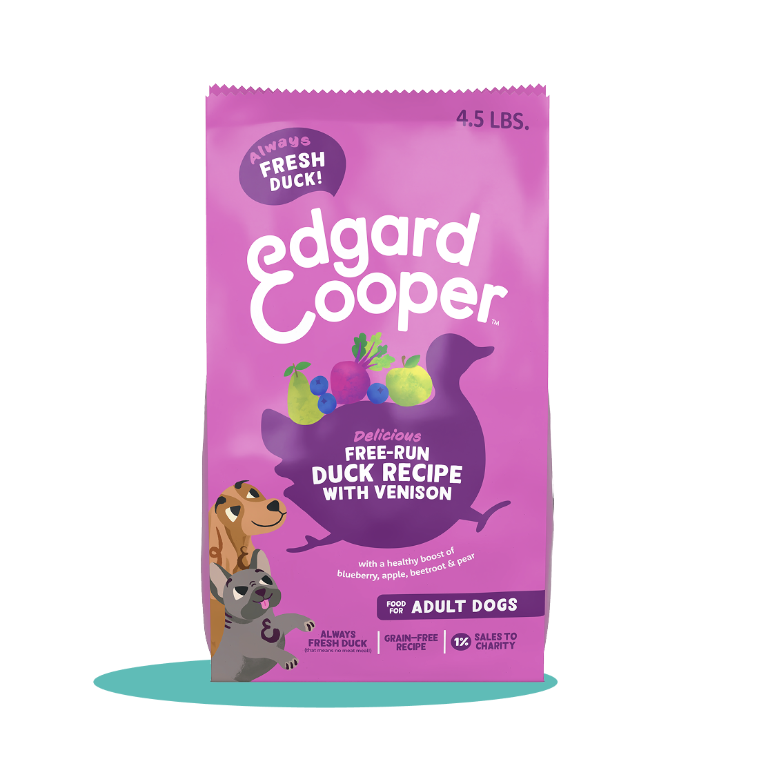 A pink bag of Edgard & Cooper duck and venison dog food featuring a colorful design and images of fresh ingredients