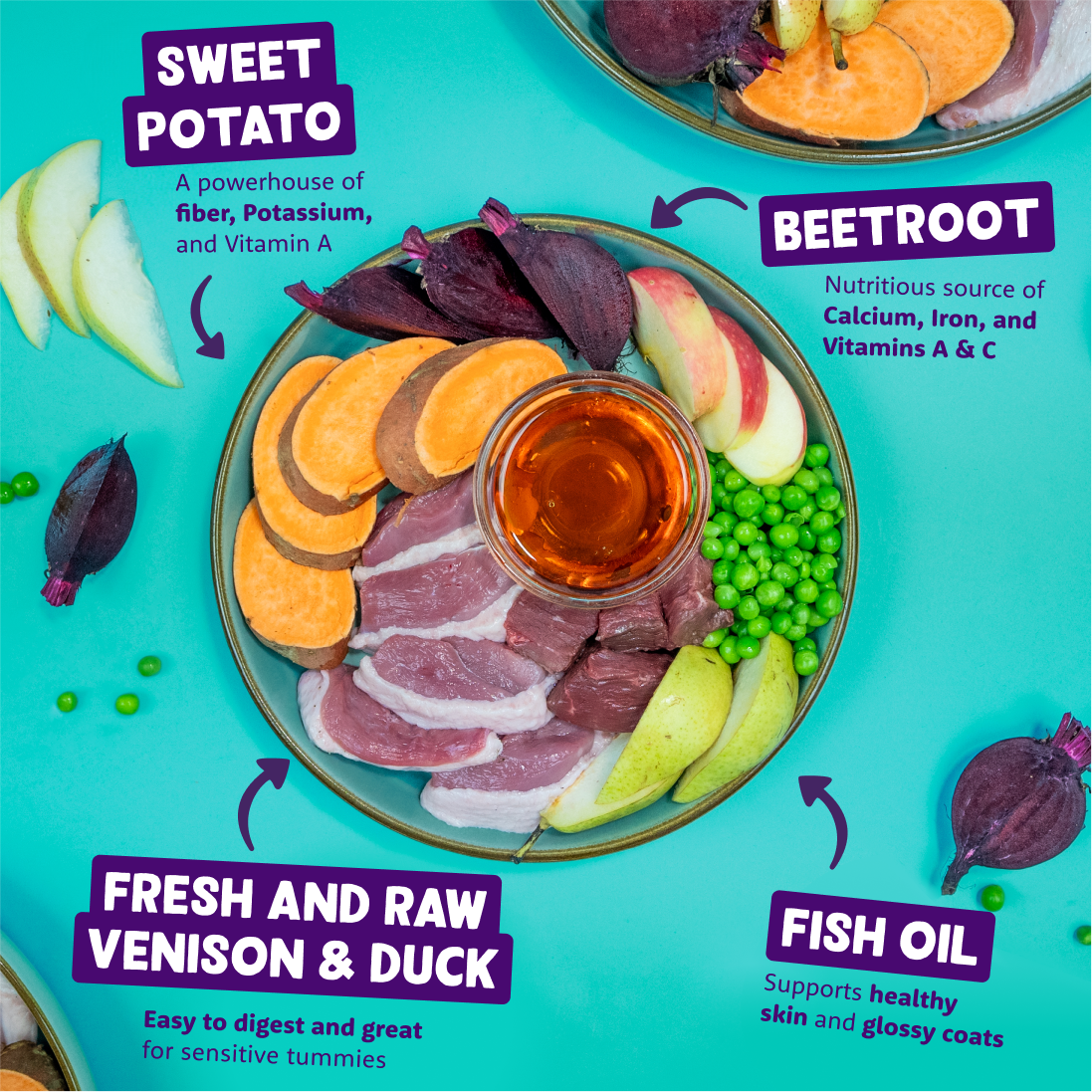A bowl of ingredients including beetroot, sweet potato, fresh and raw venison duck and fish oil