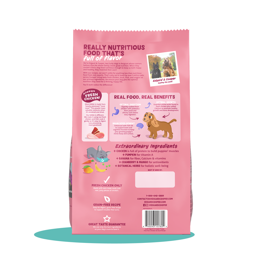 The back of a bag of Edgard & Cooper chicken and duck dry dog food