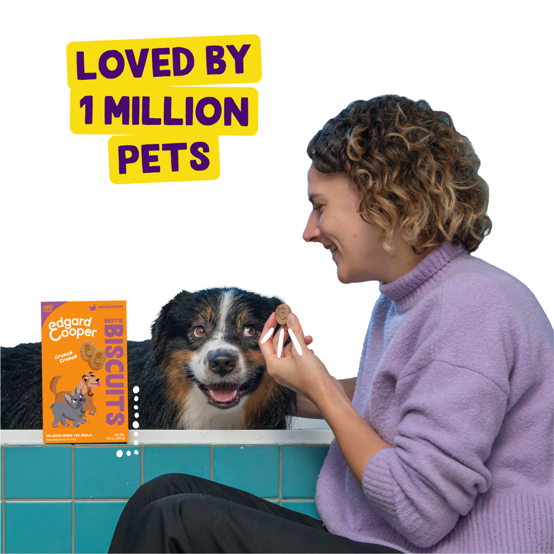 Woman petting a dog next to a box of Edgard & Cooper treats with text 'Loved by 1 Million Pets'
