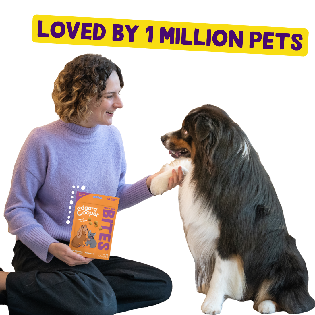 Woman with a dog and an Edgard & Cooper dog treat product, with text 'Loved by 1 Million Pets' on a white background