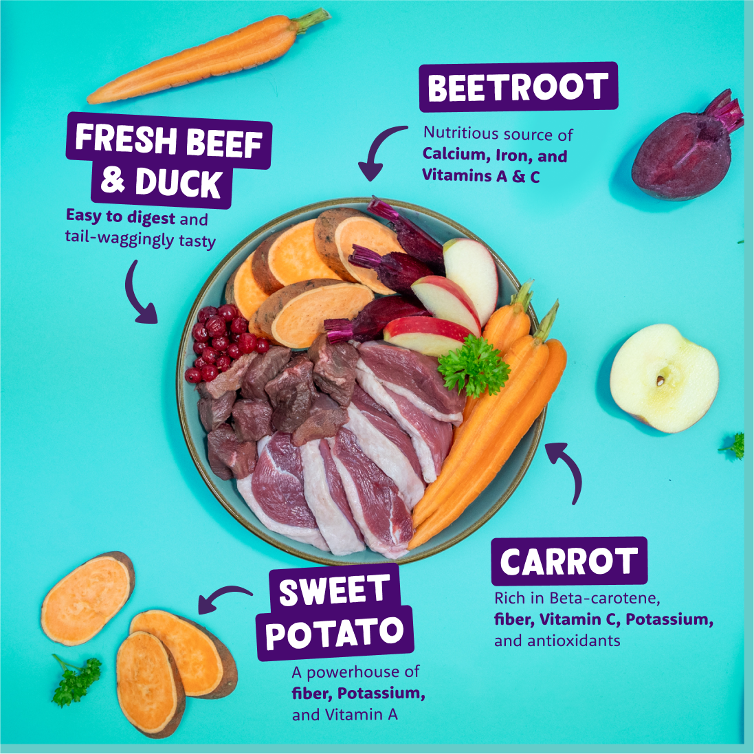A colorful plate of meal ingredients, including vegetables, grains, and proteins ready for cooking