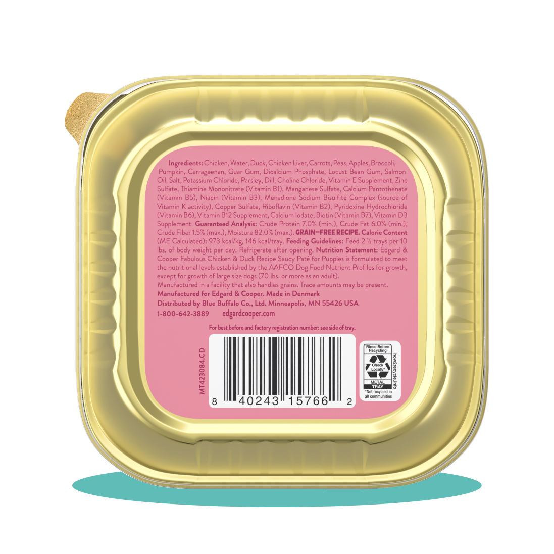 The back of a tin of Edgard & Cooper duck and chicken puppy food