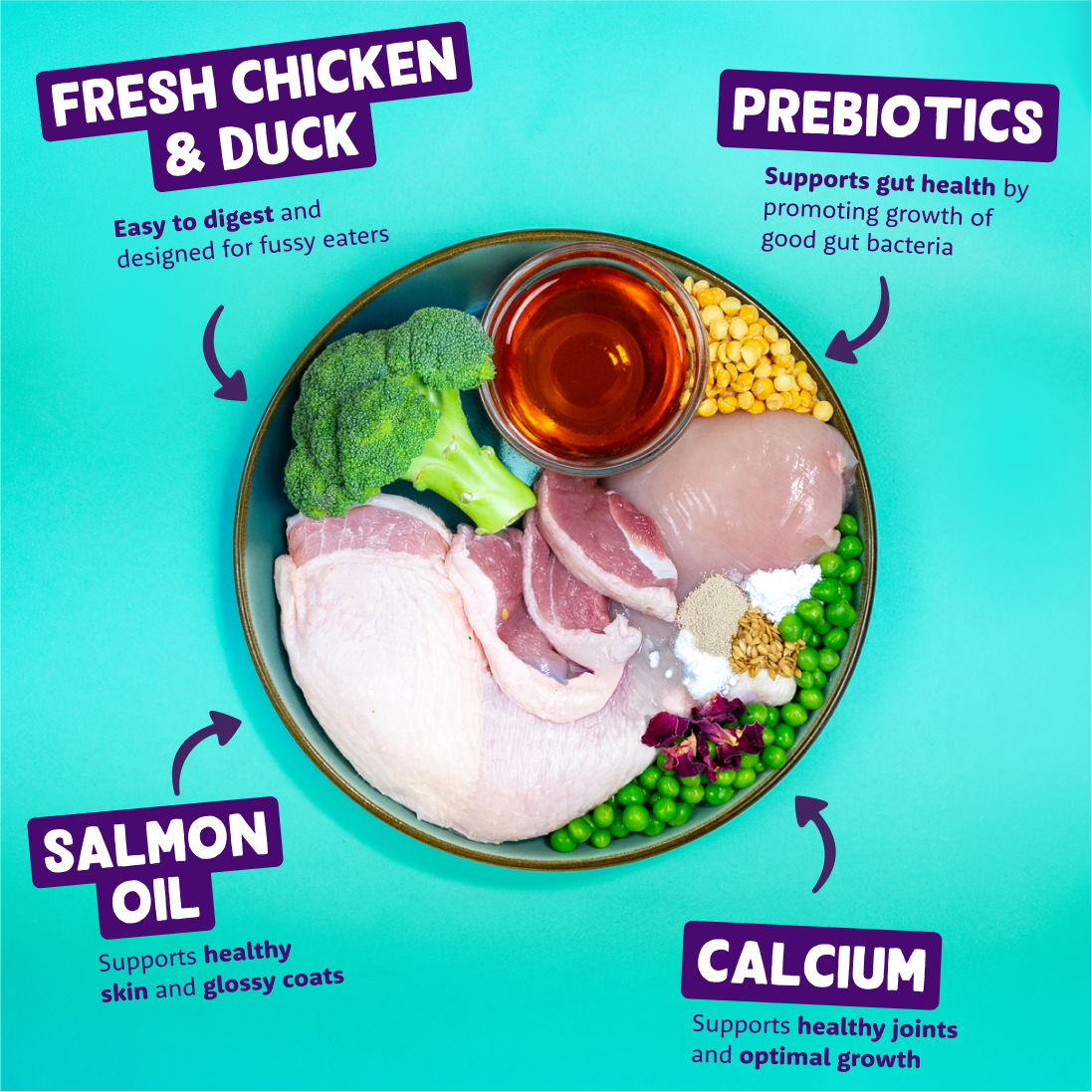 A plate of ingredients including fresh chicken and duck, prebiotics, salmon oil and calcium