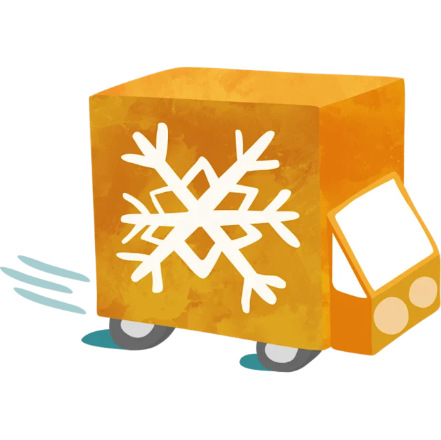 An orange delivery truck with a snowflake displayed on the side of the vehicle