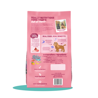 The back of a bag of Edgard & Cooper chicken and duck dry dog food