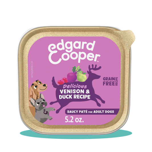 A tin of Edgard & Cooper venison and duck dog food