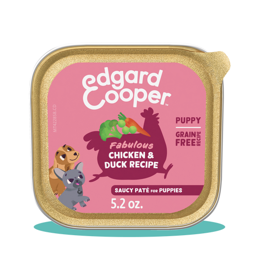 A tin of Edgard & Cooper tinned puppy chicken and duck food